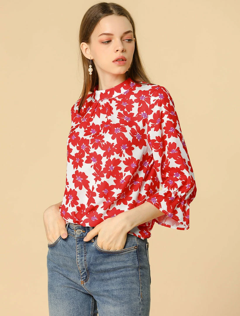 Allegra K Women's Ruffle 3/4 Sleeves Pleated Stand Collar Tie Keyhole Back Floral Printed Blouse Top 23 Allegra K Women's Ruffle 3/4 Sleeves Pleated Stand Collar Tie Keyhole Back Floral Printed Blouse Top