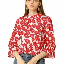 Allegra K Women's Ruffle 3/4 Sleeves Pleated Stand Collar Tie Keyhole Back Floral Printed Blouse Top 44 Allegra K Women's Ruffle 3/4 Sleeves Pleated Stand Collar Tie Keyhole Back Floral Printed Blouse Top