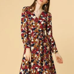 Women Allegra K Floral V-neck Belted Bishop Sleeve Button Front Dress