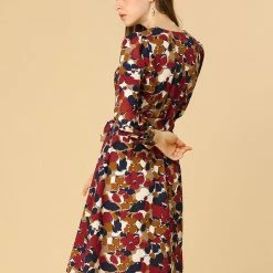 Women Allegra K Floral V-neck Belted Bishop Sleeve Button Front Dress