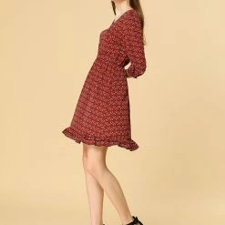 Allegra K Women's Long Sleeve V Neck Ruffle Hem Geometric Motifs Flare Chiffon Dress 36 Allegra K Women's Long Sleeve V Neck Ruffle Hem Geometric Motifs Flare Chiffon Dress