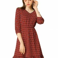 Allegra K Women's Long Sleeve V Neck Ruffle Hem Geometric Motifs Flare Chiffon Dress 34 Allegra K Women's Long Sleeve V Neck Ruffle Hem Geometric Motifs Flare Chiffon Dress