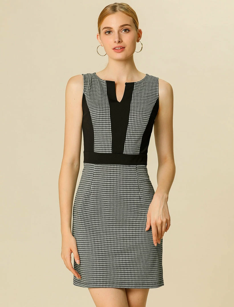 Women Allegra K Houndstooth Sleeveless Split Neck Slim Office Work Bodycon Dress 24 Women Allegra K Houndstooth Sleeveless Split Neck Slim Office Work Bodycon Dress