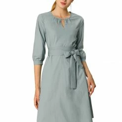 Allegra K Keyhole Neck Elbow Sleeve Dress With Tie Waist Front Women