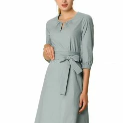 Allegra K Keyhole Neck Elbow Sleeve Dress With Tie Waist Front Women