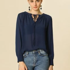 Allegra K Blouse Tie Neck Long Sleeve Chiffon Top Women