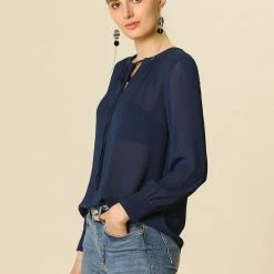 Allegra K Blouse Tie Neck Long Sleeve Chiffon Top Women