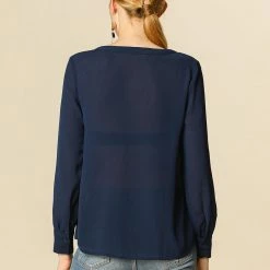 Allegra K Blouse Tie Neck Long Sleeve Chiffon Top Women