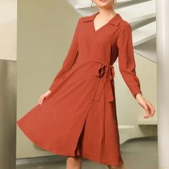 Allegra K Lapel Collar V Neck Wrap Dress With Belt Women
