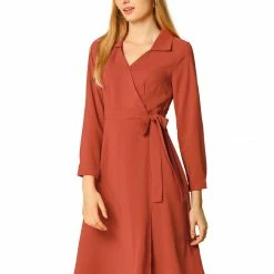 Allegra K Lapel Collar V Neck Wrap Dress With Belt Women
