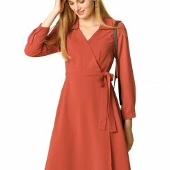 Allegra K Lapel Collar V Neck Wrap Dress With Belt Women