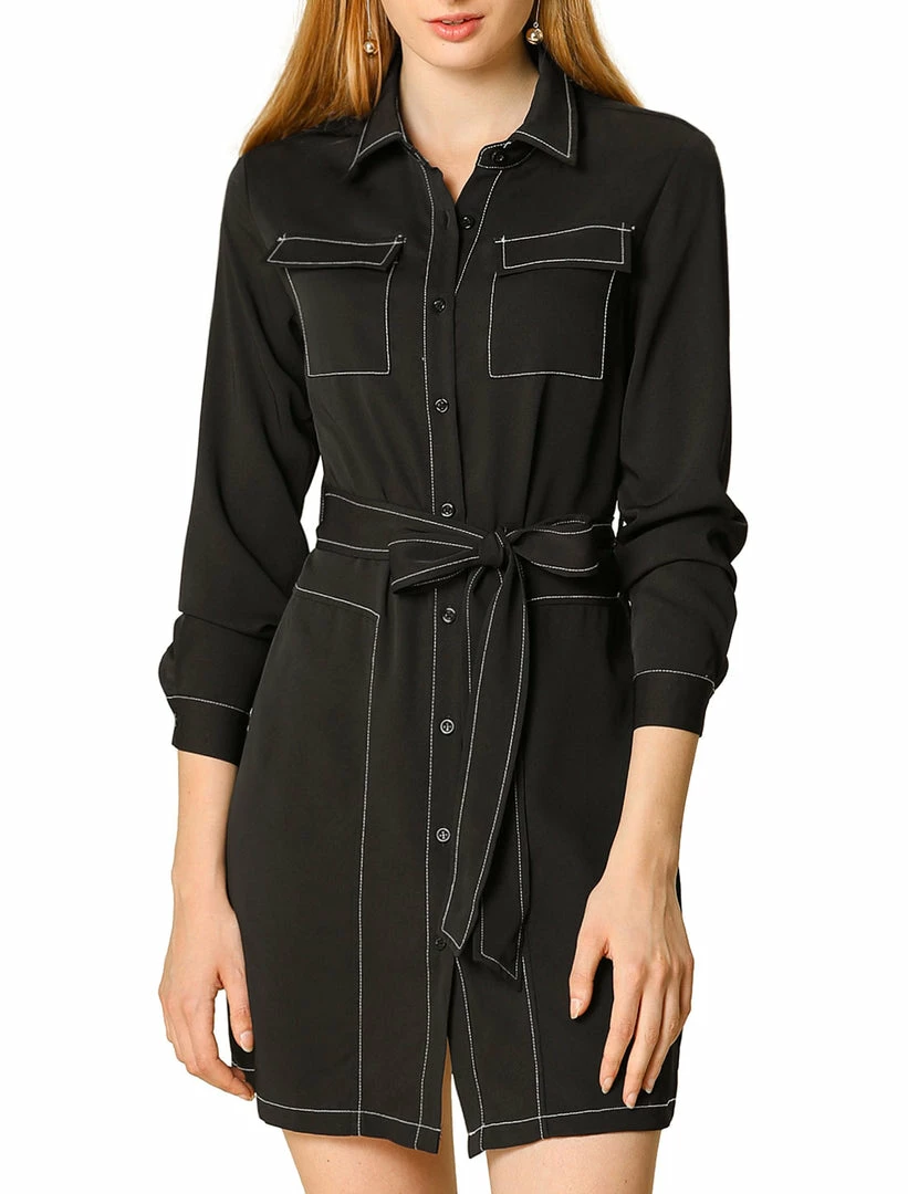 Allegra K Contrast Stitch Button Up Belted Long Sleeves Shirt Dress 17 Allegra K Contrast Stitch Button Up Belted Long Sleeves Shirt Dress