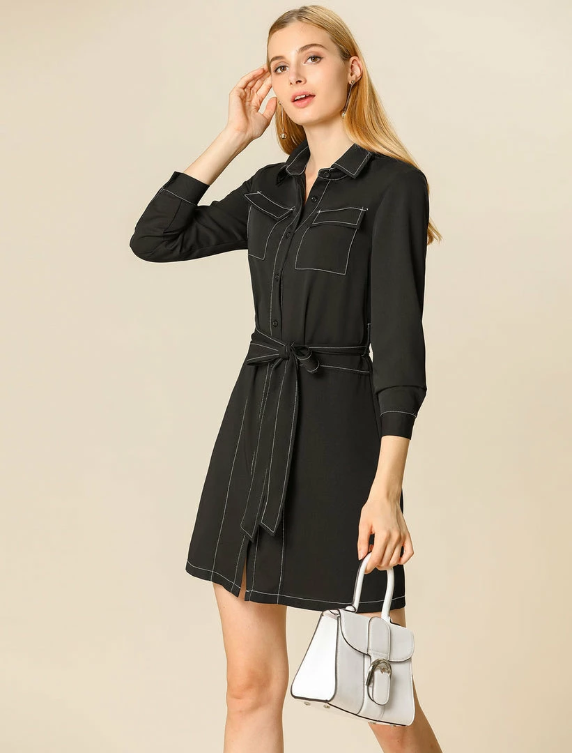 Allegra K Contrast Stitch Button Up Belted Long Sleeves Shirt Dress 18 Allegra K Contrast Stitch Button Up Belted Long Sleeves Shirt Dress
