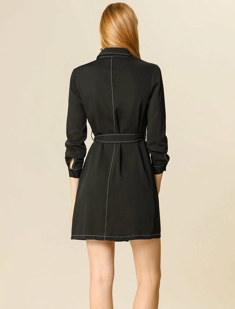Allegra K Contrast Stitch Button Up Belted Long Sleeves Shirt Dress 20 Allegra K Contrast Stitch Button Up Belted Long Sleeves Shirt Dress