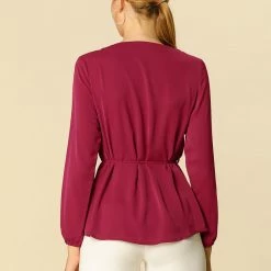 Allegra K Basic Pleated Keyhole Round Neck Belted Waist Long Sleeve Top Women