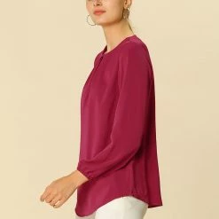 Allegra K Basic Pleated Keyhole Round Neck Belted Waist Long Sleeve Top Women