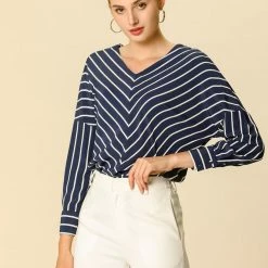 Allegra K V Neck 3/4 Sleeve Casual Striped Chiffon Blouse Women