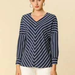 Allegra K V Neck 3/4 Sleeve Casual Striped Chiffon Blouse Women