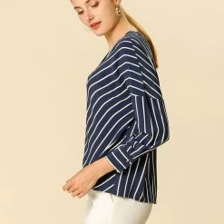 Allegra K V Neck 3/4 Sleeve Casual Striped Chiffon Blouse Women