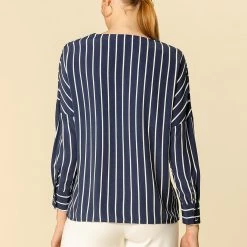 Allegra K V Neck 3/4 Sleeve Casual Striped Chiffon Blouse Women