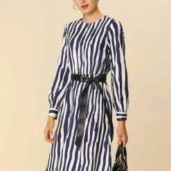 Women Allegra K Irregular Stripes A-line Dress With Contrast Color Belt