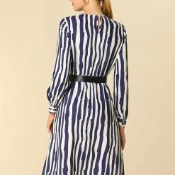 Women Allegra K Irregular Stripes A-line Dress With Contrast Color Belt