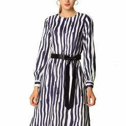 Women Allegra K Irregular Stripes A-line Dress With Contrast Color Belt