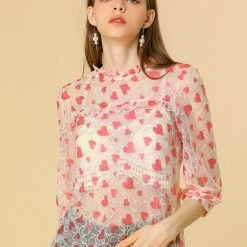 Allegra K 3/4 Sleeves Ruffle Mock Neck Sheer Lace Top