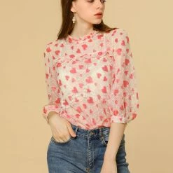 Allegra K 3/4 Sleeves Ruffle Mock Neck Sheer Lace Top