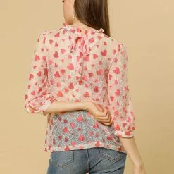 Allegra K 3/4 Sleeves Ruffle Mock Neck Sheer Lace Top