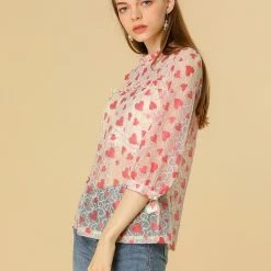 Allegra K 3/4 Sleeves Ruffle Mock Neck Sheer Lace Top