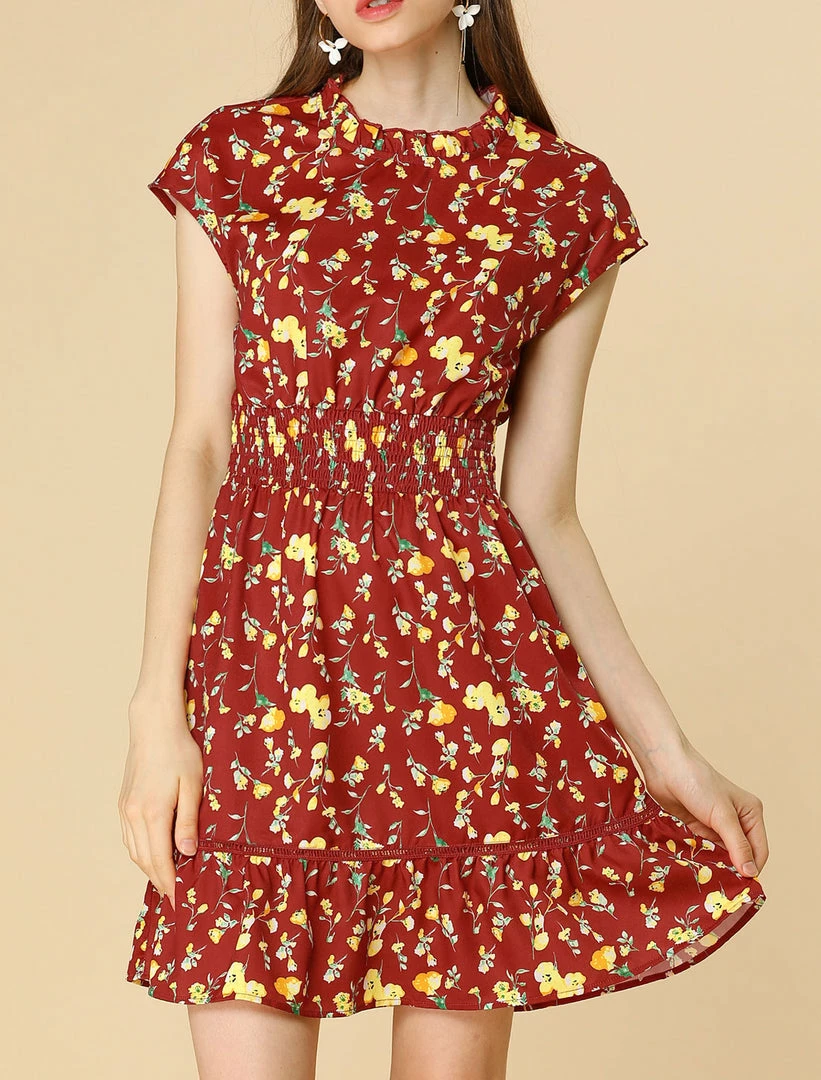 Allegra K Floral Cap Sleeve Smock Waist Skater Dress 5 Allegra K Floral Cap Sleeve Smock Waist Skater Dress