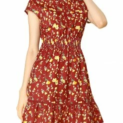 Allegra K Floral Cap Sleeve Smock Waist Skater Dress