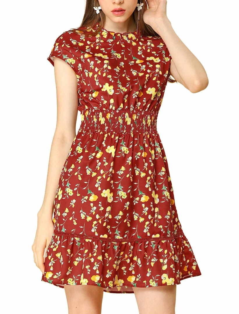 Allegra K Floral Cap Sleeve Smock Waist Skater Dress 4 Allegra K Floral Cap Sleeve Smock Waist Skater Dress