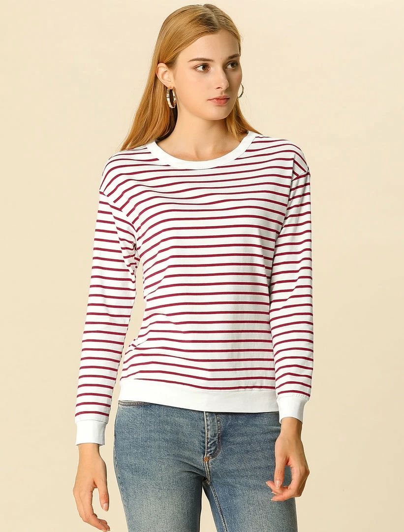 Women Allegra K Basic Long Sleeve Crew Neck Contrast Striped T-Shirt 5 Women Allegra K Basic Long Sleeve Crew Neck Contrast Striped T-Shirt