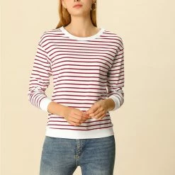 Women Allegra K Basic Long Sleeve Crew Neck Contrast Striped T-Shirt 12 Women Allegra K Basic Long Sleeve Crew Neck Contrast Striped T-Shirt