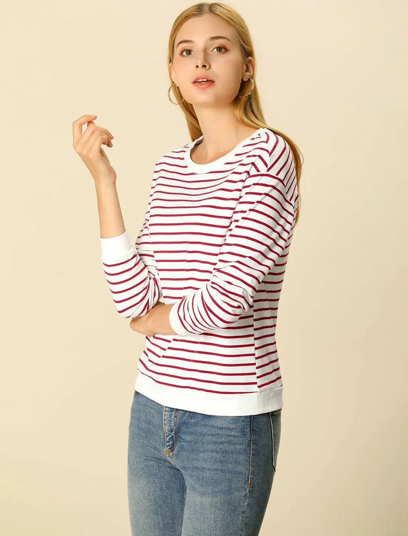 Women Allegra K Basic Long Sleeve Crew Neck Contrast Striped T-Shirt 7 Women Allegra K Basic Long Sleeve Crew Neck Contrast Striped T-Shirt
