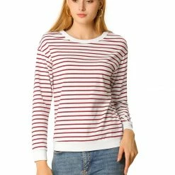 Women Allegra K Basic Long Sleeve Crew Neck Contrast Striped T-Shirt