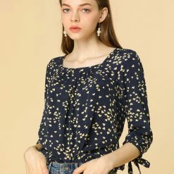 Allegra K Women's Tie Cuffs 3/4 Sleeves Square Neck Floral Blouse 41 Allegra K Women's Tie Cuffs 3/4 Sleeves Square Neck Floral Blouse
