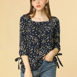 Allegra K Women's Tie Cuffs 3/4 Sleeves Square Neck Floral Blouse 42 Allegra K Women's Tie Cuffs 3/4 Sleeves Square Neck Floral Blouse