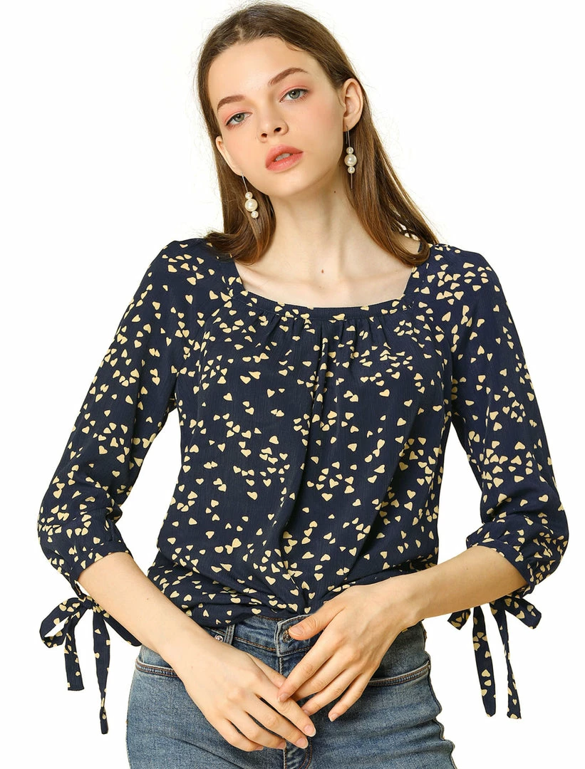 Allegra K Women's Tie Cuffs 3/4 Sleeves Square Neck Floral Blouse 10 Allegra K Women's Tie Cuffs 3/4 Sleeves Square Neck Floral Blouse