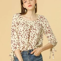 Allegra K Women's Tie Cuffs 3/4 Sleeves Square Neck Floral Blouse 35 Allegra K Women's Tie Cuffs 3/4 Sleeves Square Neck Floral Blouse
