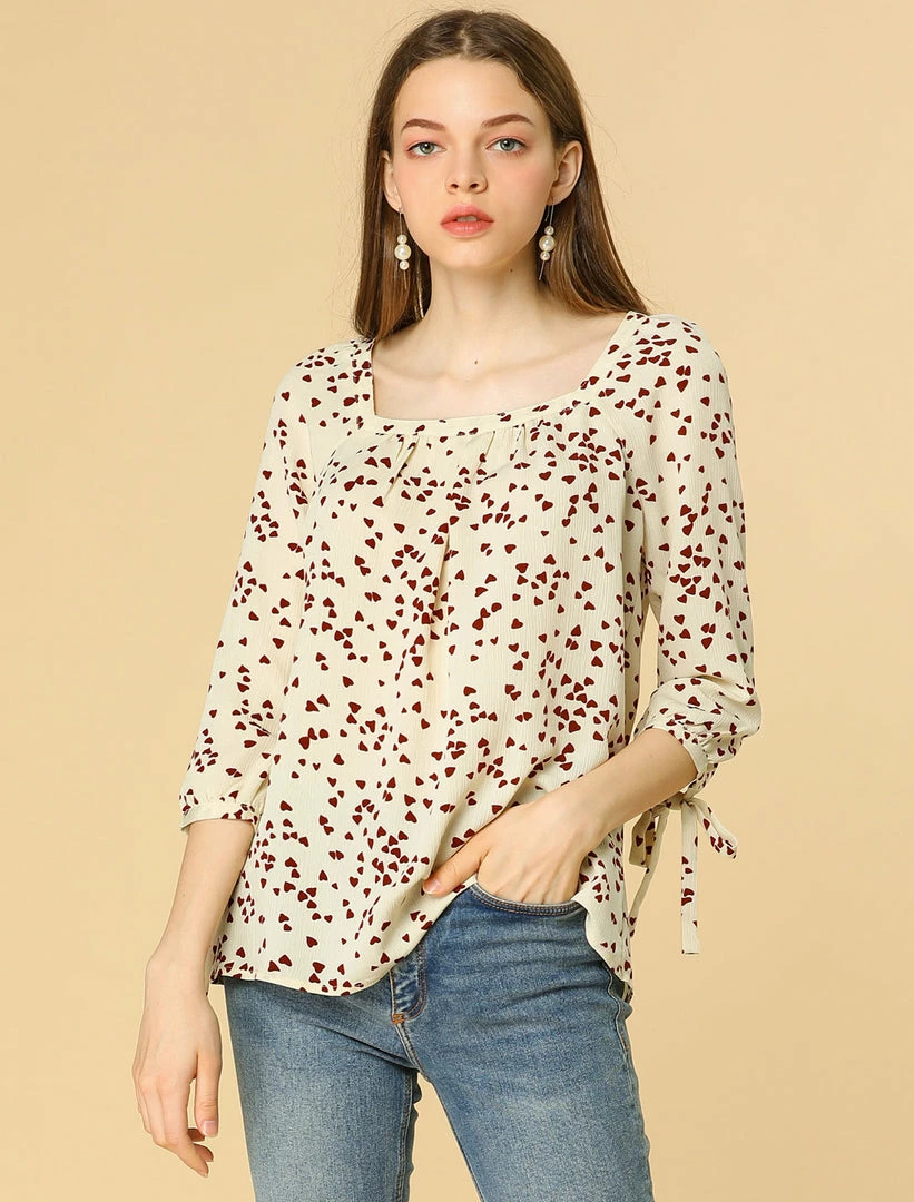 Allegra K Women's Tie Cuffs 3/4 Sleeves Square Neck Floral Blouse 6 Allegra K Women's Tie Cuffs 3/4 Sleeves Square Neck Floral Blouse