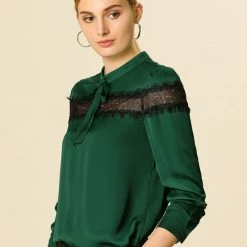 Allegra K Women's Lace Patchwork Solid Bow Tie Neck Casual Long Sleeve Blouse Top