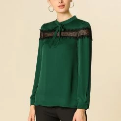 Allegra K Women's Lace Patchwork Solid Bow Tie Neck Casual Long Sleeve Blouse Top