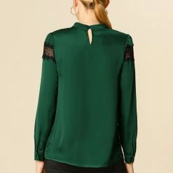 Allegra K Women's Lace Patchwork Solid Bow Tie Neck Casual Long Sleeve Blouse Top