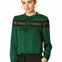 Allegra K Women's Lace Patchwork Solid Bow Tie Neck Casual Long Sleeve Blouse Top