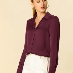 Allegra K V Neck Long Sleeve Work Shirt