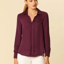 Allegra K V Neck Long Sleeve Work Shirt
