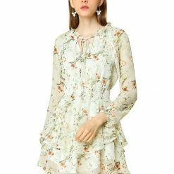 Allegra K Floral Printed Ruffled Tie V Neck Smocked Waist Dress 131 Allegra K Floral Printed Ruffled Tie V Neck Smocked Waist Dress